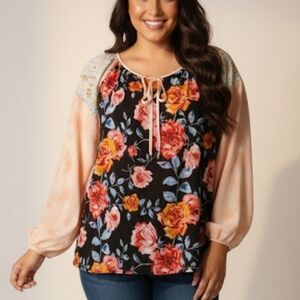 Floral Women's Top with Pink and Black Accents Boho Chic Size Large Whimsical